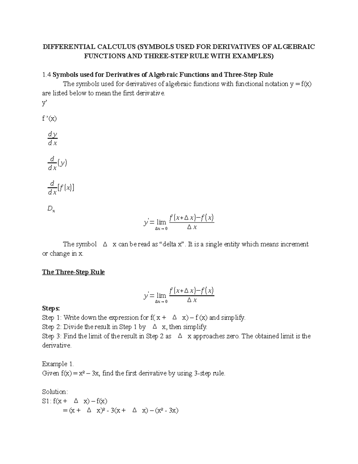 Differential Calculus ( Symbols USED FOR Derivatives OF Algebraic ...