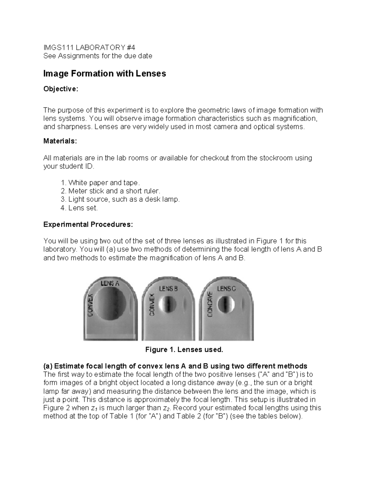 Lab 4 2019 - lenses 1 - Lab 4 - IMGS111 LABORATORY See Assignments for ...