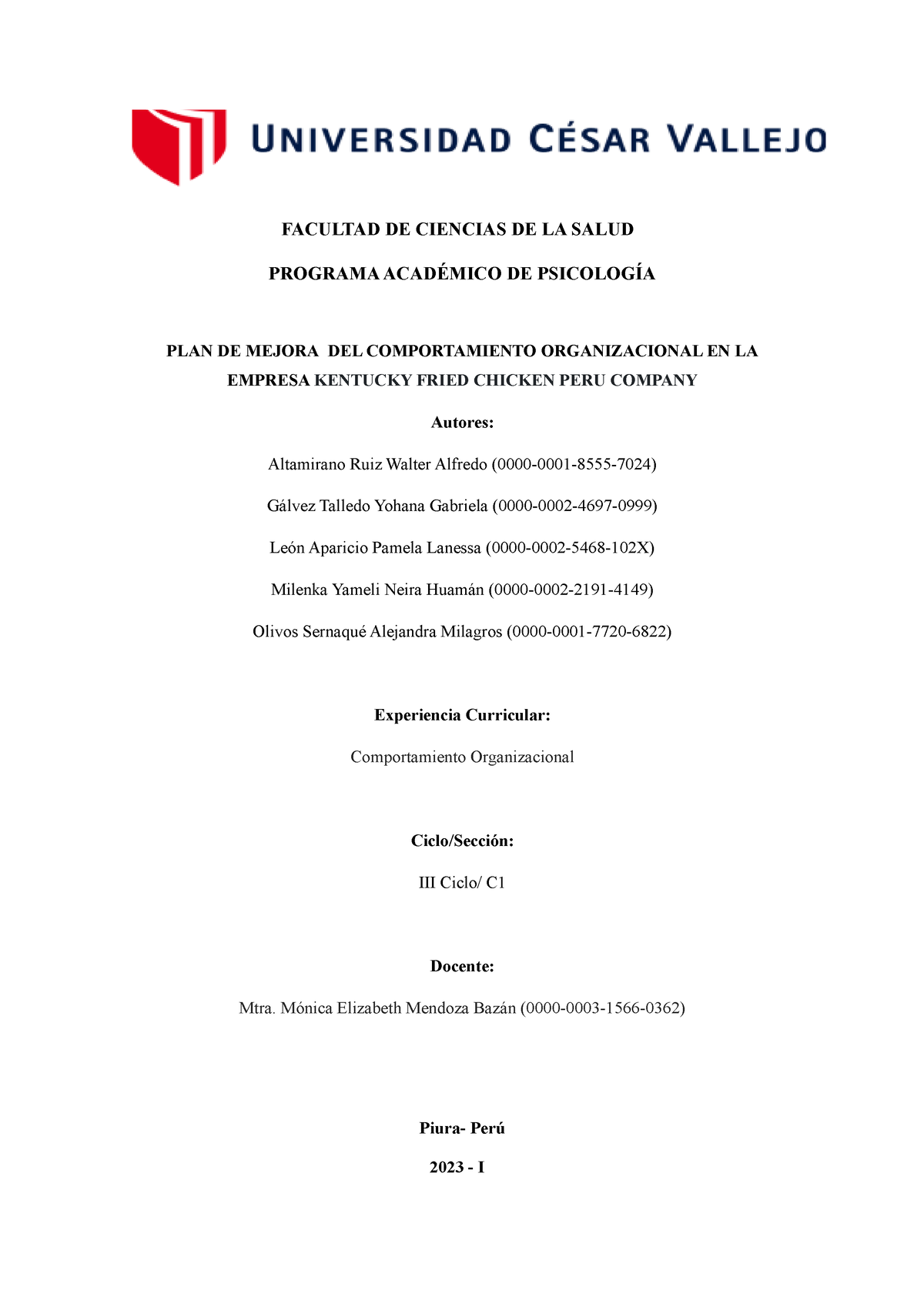 Esquema De Plan De Mejora 2023 Iii Ciclo Facultad De Ciencias De La Salud Programa AcadÉmico 1552