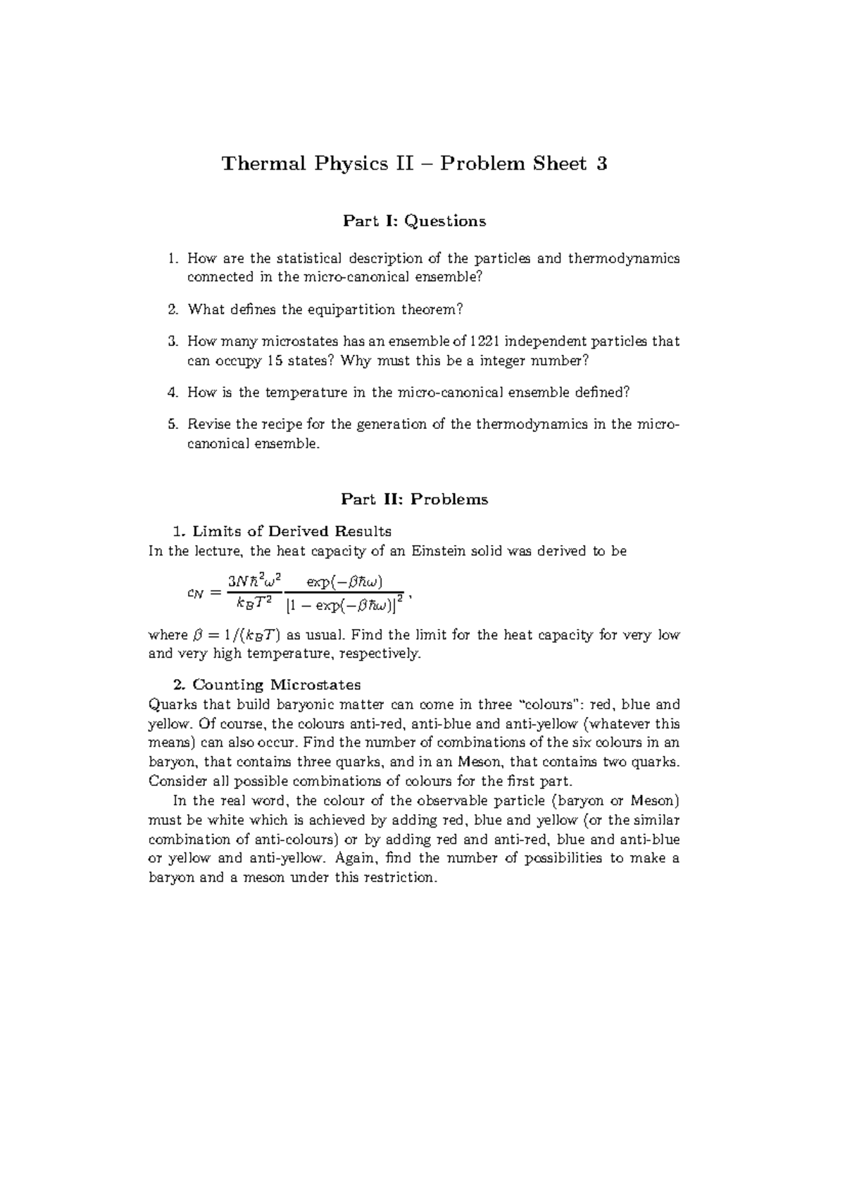 PX265 2012-2013 Problem Sheet 3 - Thermal Physics II – Problem Sheet 3 ...