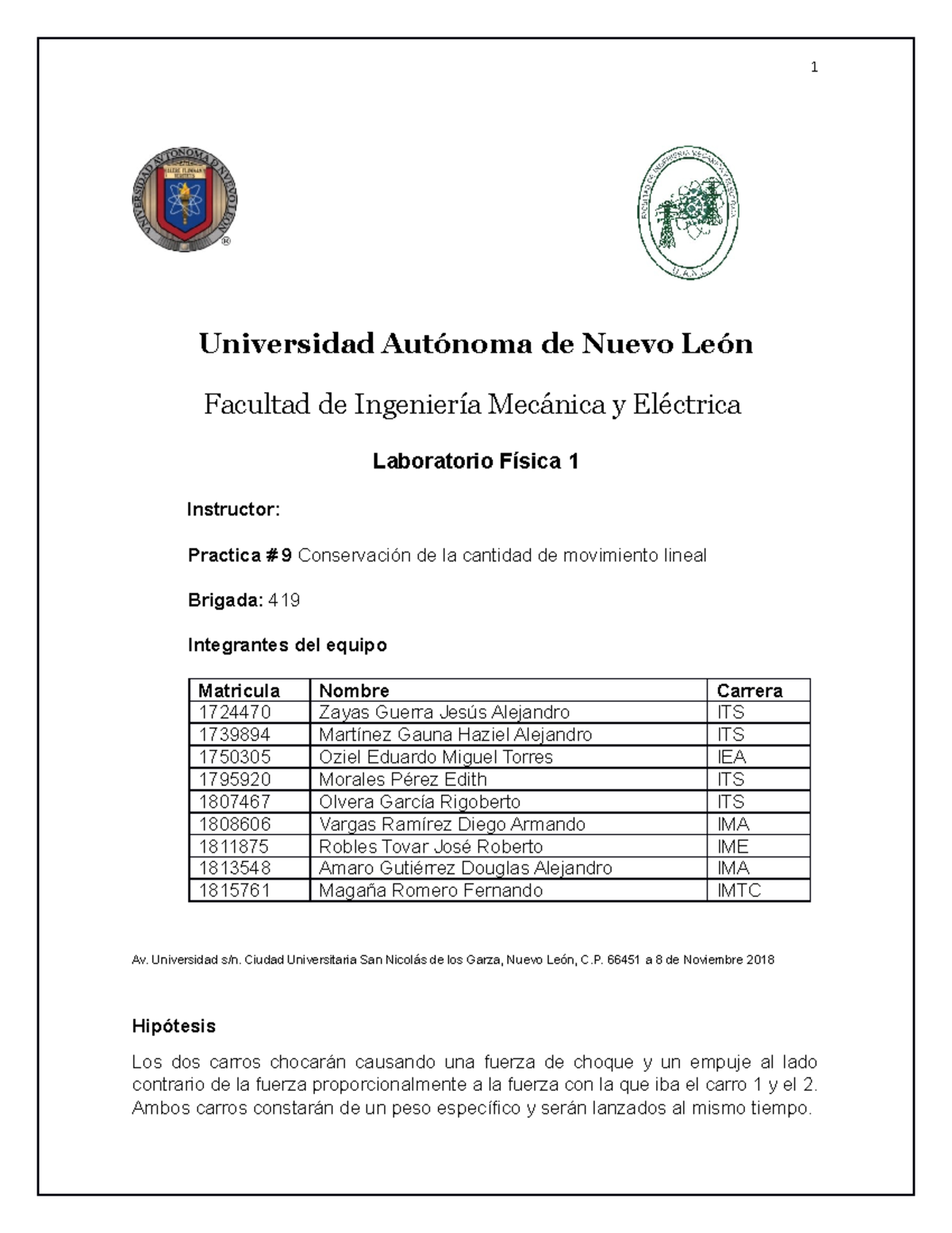 Lab Reporte 9 Fisica 1 Practica De Laboratorio 1 Universidad