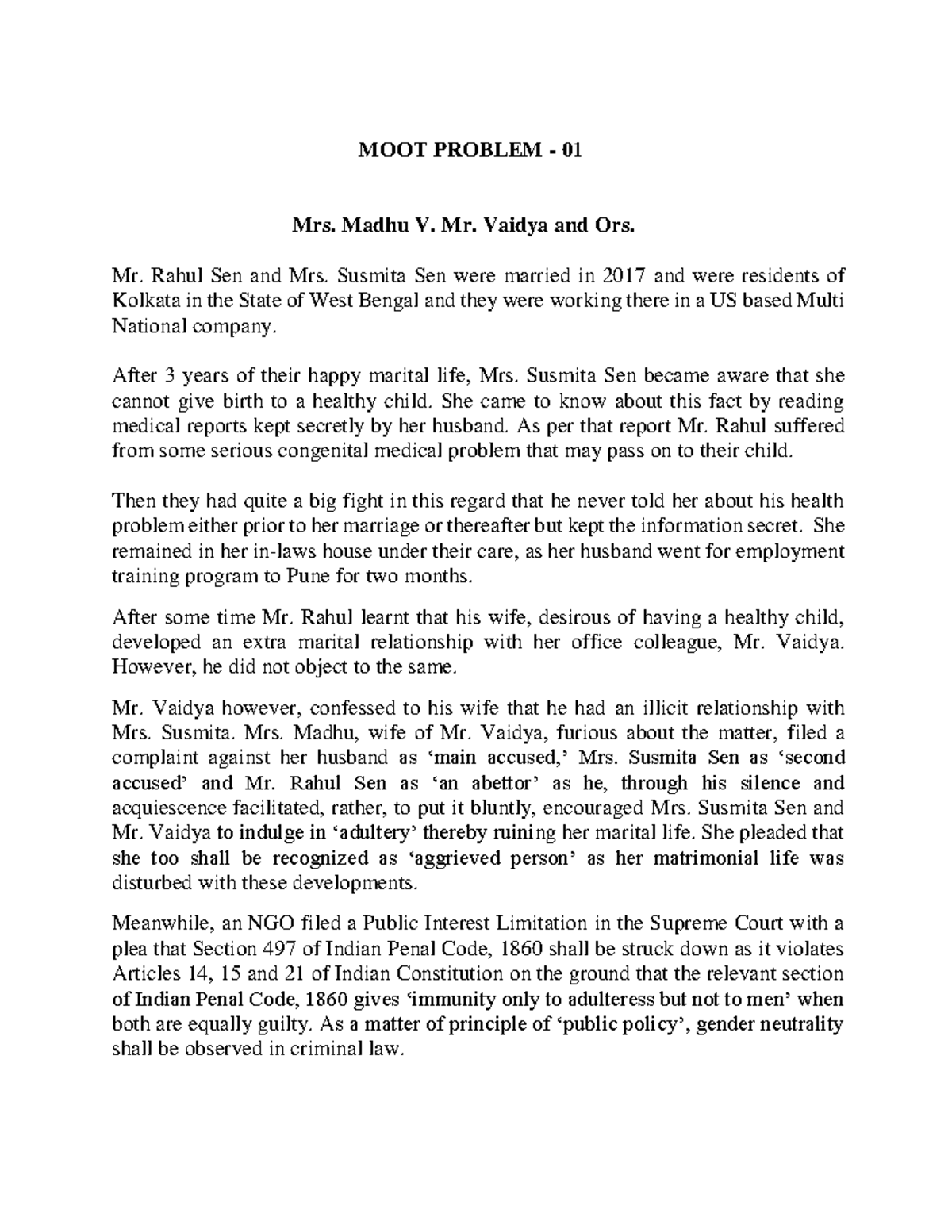 Criminal LAW MOOT Problems - MOOT PROBLEM - 01 Mrs. Madhu V. Mr. Vaidya ...
