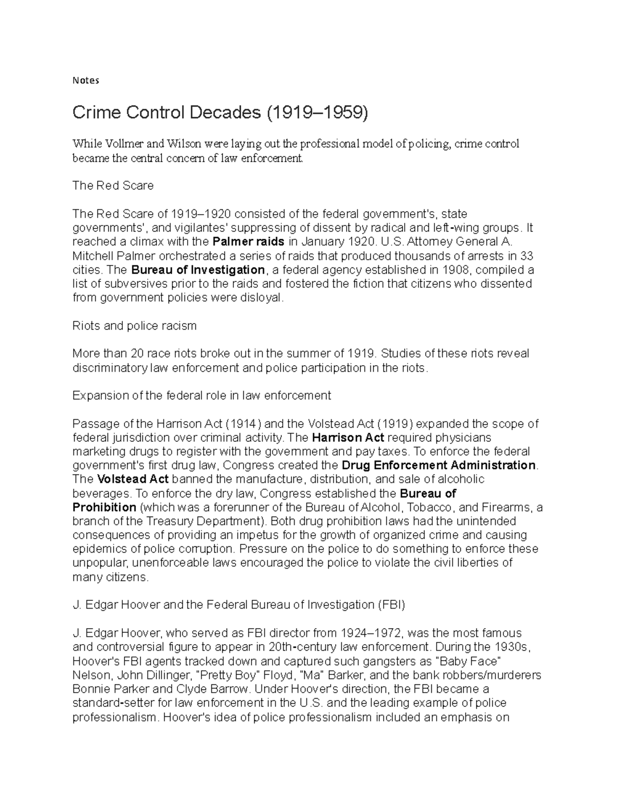 58 - crime - Notes Crime Control Decades (1919–1959) While Vollmer and ...