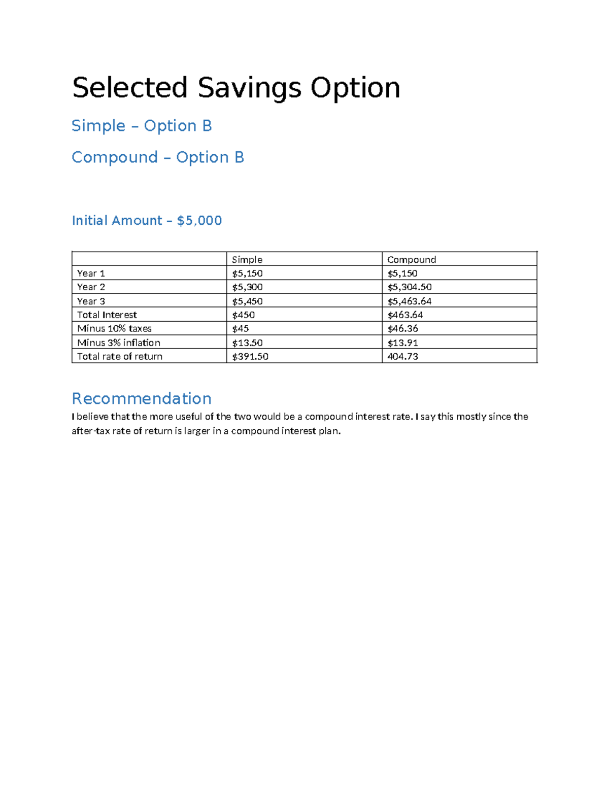 2.04 economics wrksht - Selected Savings Option Simple – Option B ...