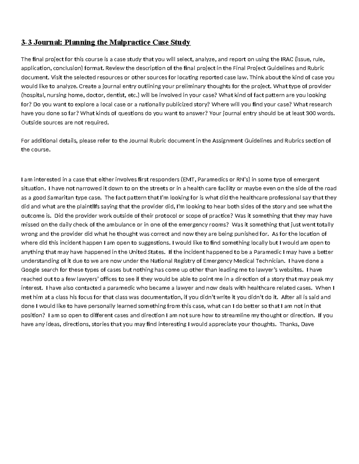 03 LM 3-3 Journal Planning the Malpractice Case Study - 3-3 Journal ...