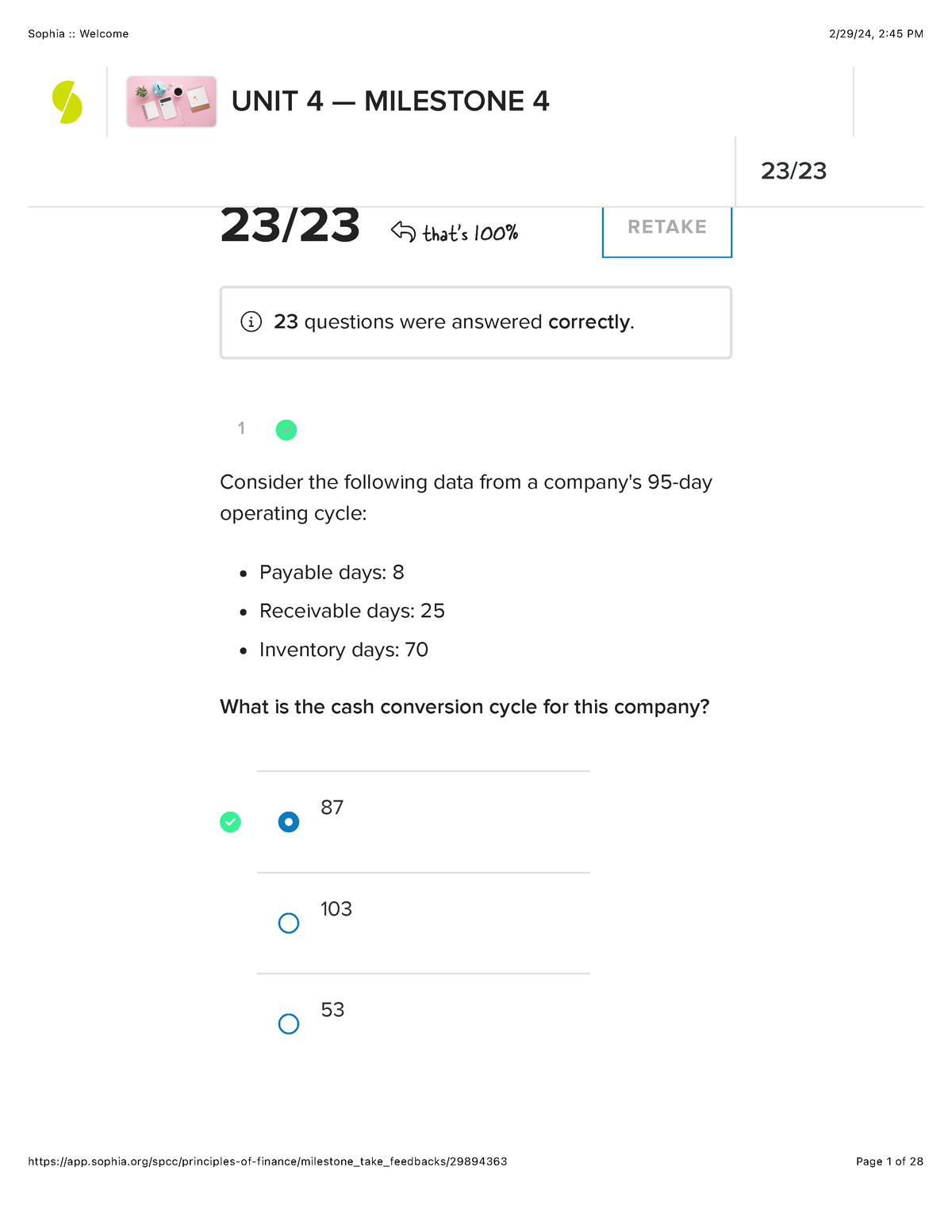 Sophia Principles Of Finance Milestone 4 - 1 23 / 23! That's 100% ...