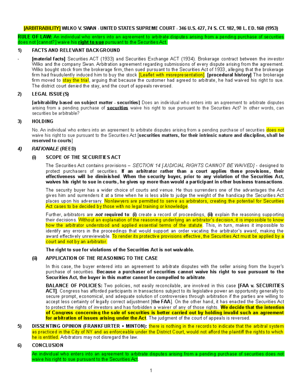Case brief Wilko v. SWAN [ARBITRABILITY] WILKO V. SWAN UNITED