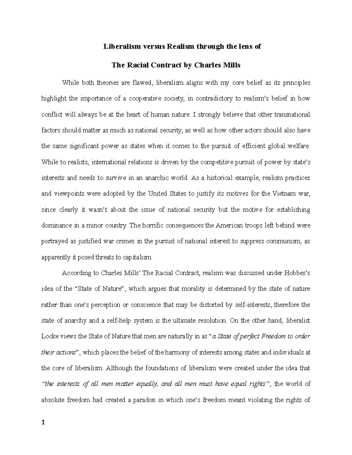 Essay 1 Liberalism Versus Realism Through The Lens Of The Racial