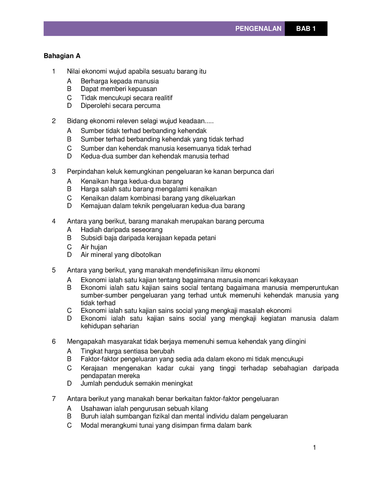 Latihan Bab 1 Pengenalan Ekonomi - Bahagian A 1 Nilai Ekonomi Wujud ...