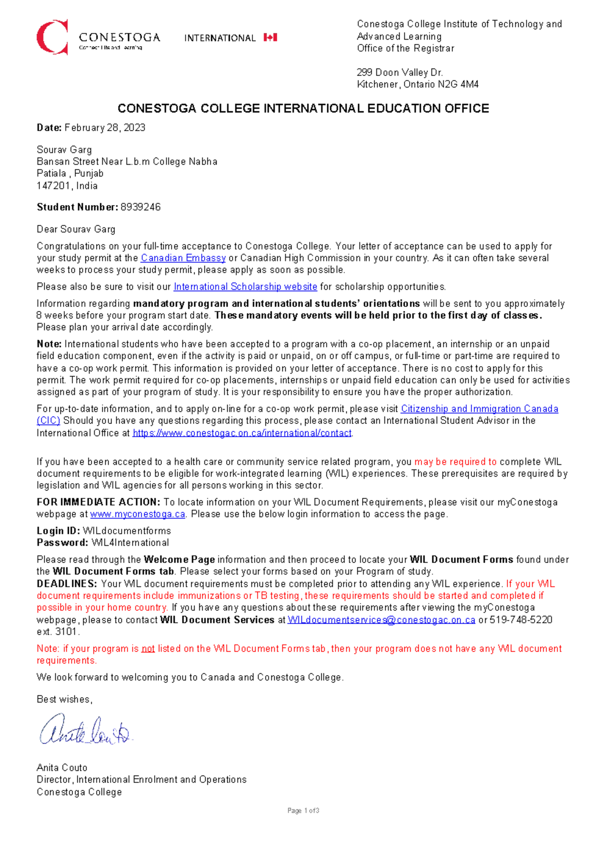 3. Letter of Acceptance Sourav Garg Conestoga College Institute of