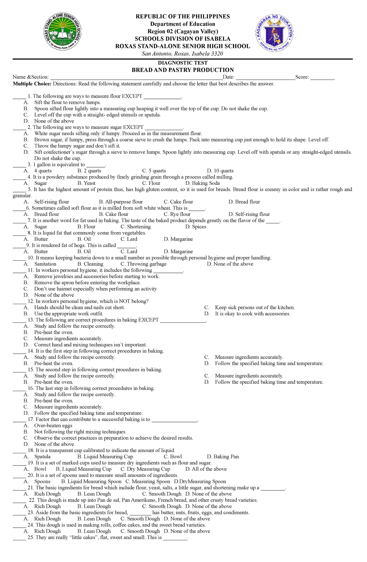 Quarter 1 Diagnostic Test Republic Of The Philippines Department Of Education Region 02 4841