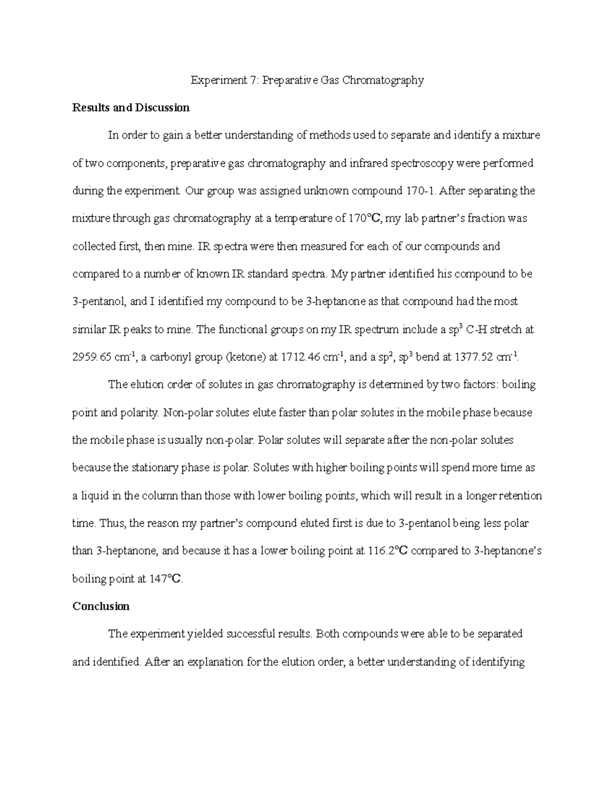 EXP 7 GC Organic Chem I gas chromatography lab report Experiment 7