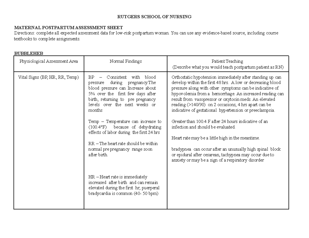 post assessment assignment maternal newborn