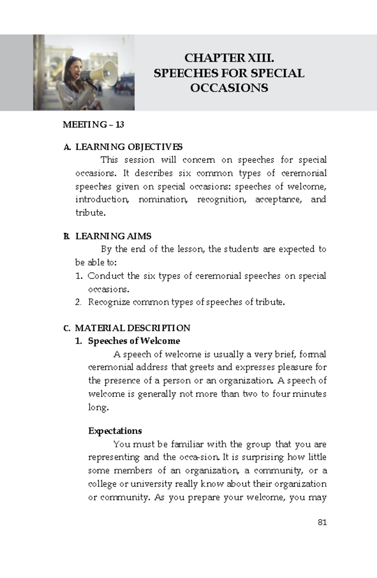 Meeting 13 Speeches FOR Special Occasions CHAPTER XIII. SPEECHES FOR