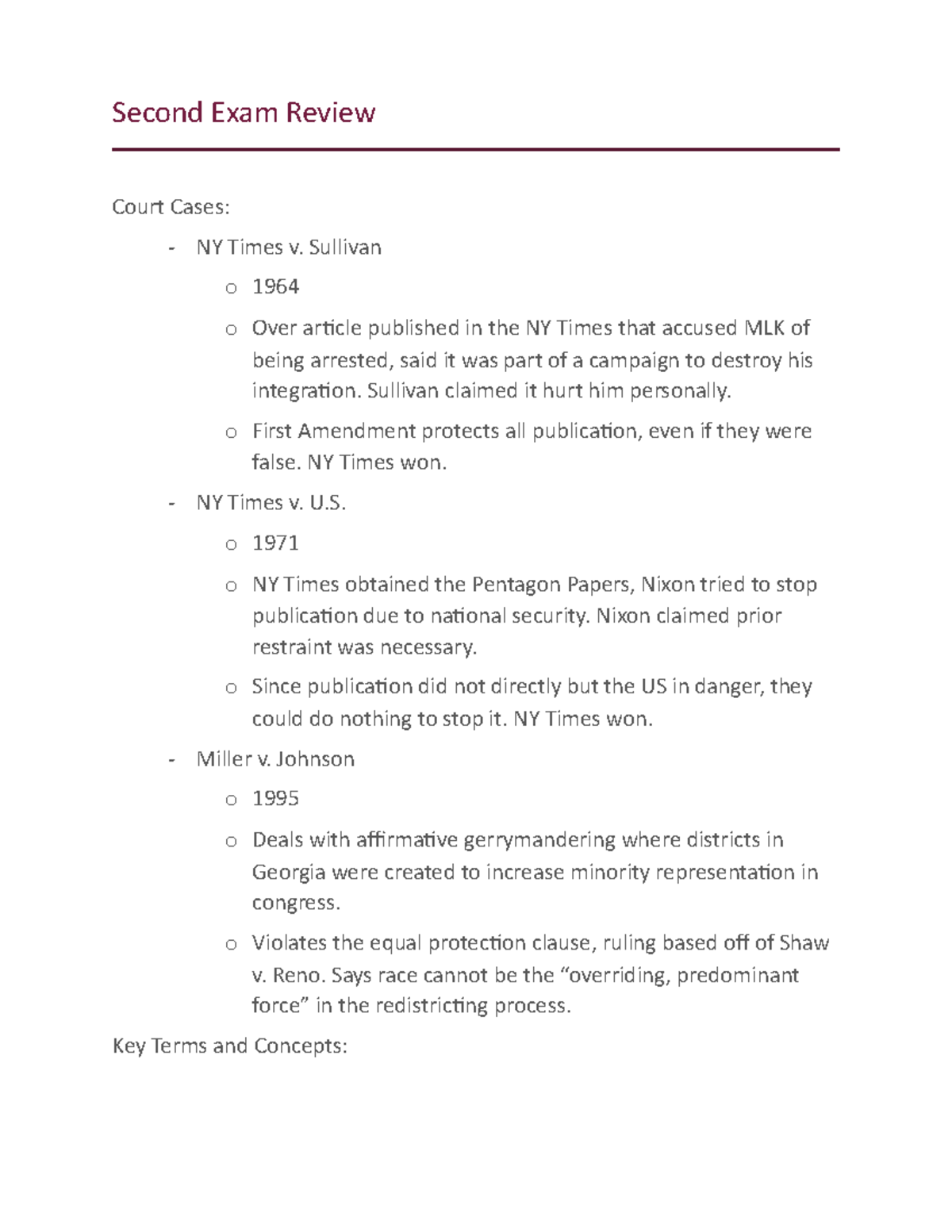 Summary Lecture 116, Second Exam Review Second Exam Review Court Cases NY Times v