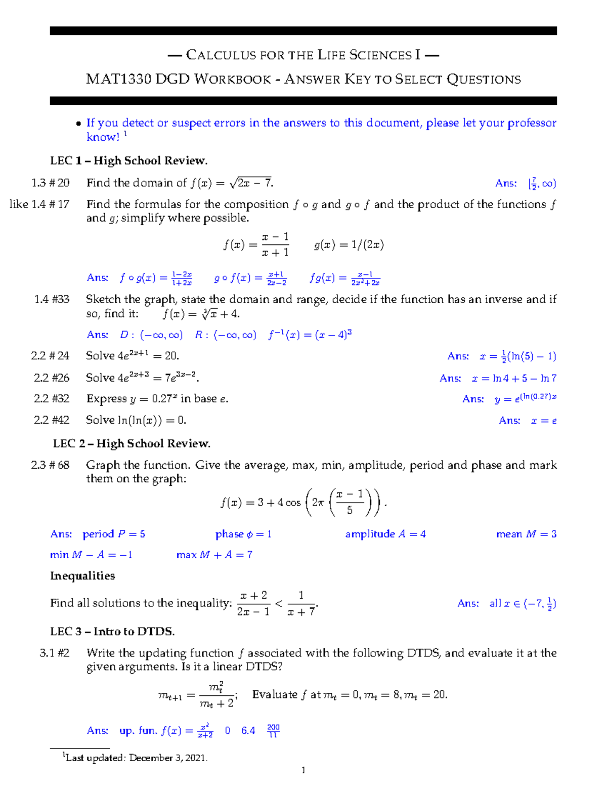 1330dgd Workbook-Full-Answer Key - — CALCULUS FOR THE LIFE SCIENCES I ...