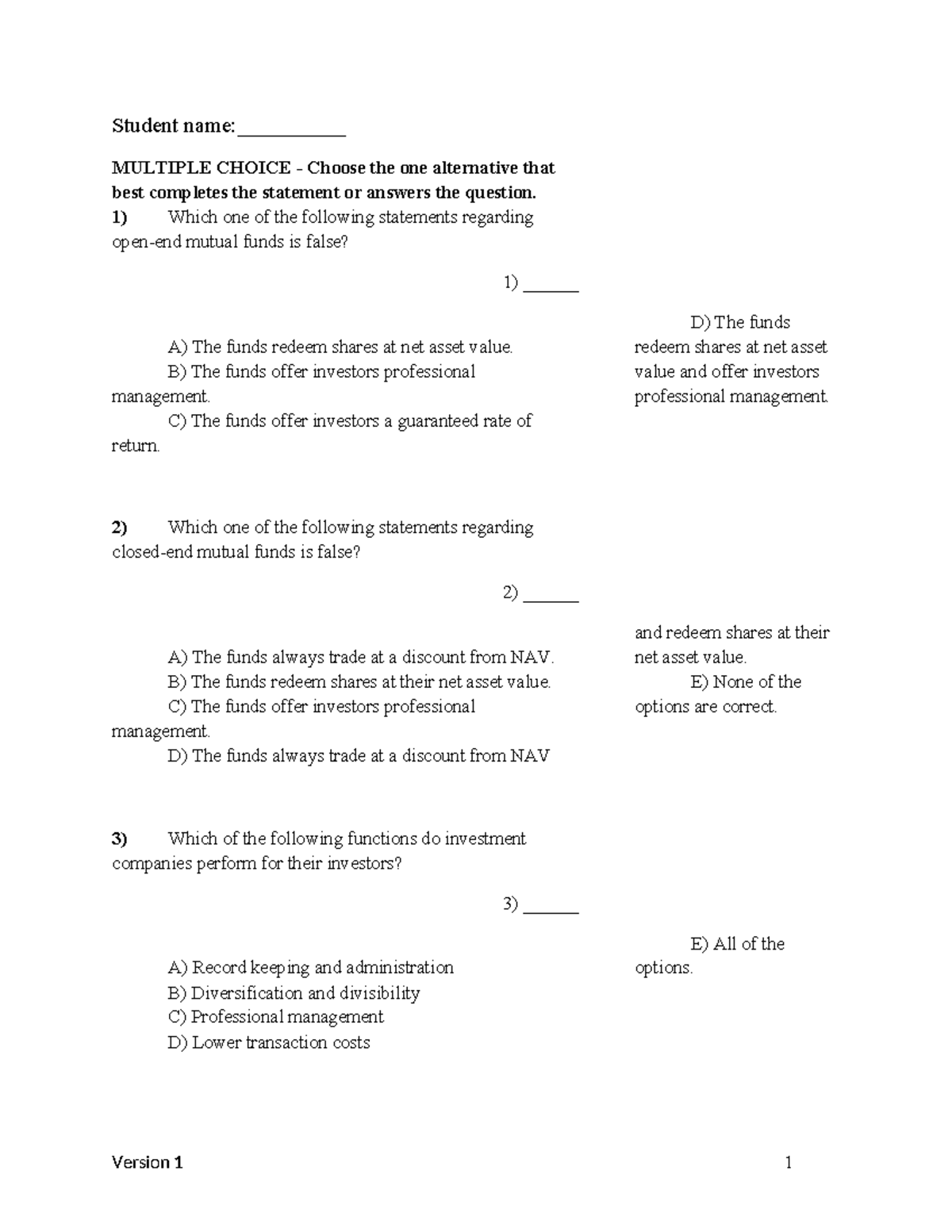 Chapter 4 version 1 - Student name:__________ MULTIPLE CHOICE - Choose ...