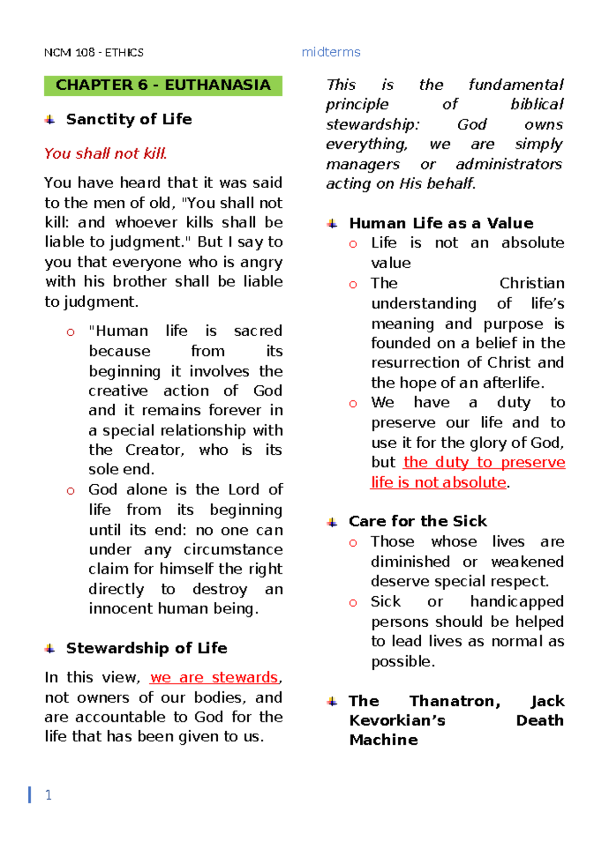 NCM 108 - midterms - CHAPTER 6 - EUTHANASIA Sanctity of Life You shall ...