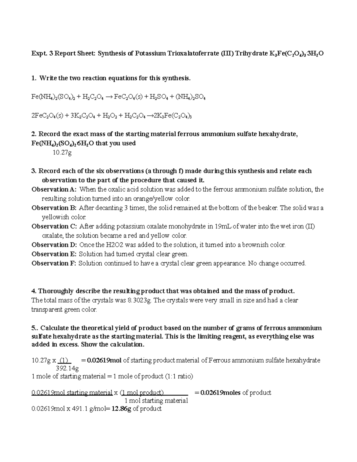 Exp 3 report sheet 2022.docx - Expt. 3 Report Sheet: Synthesis of ...