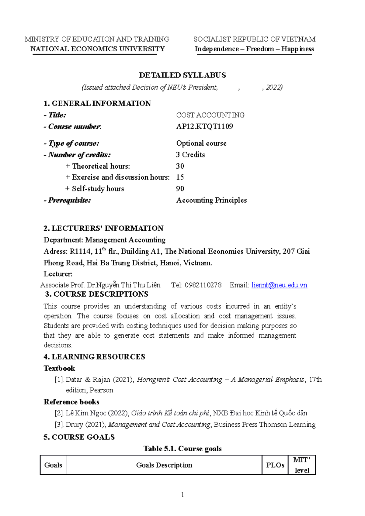 Cost Accounting Syllabus - 2023 - MINISTRY OF EDUCATION AND TRAINING ...