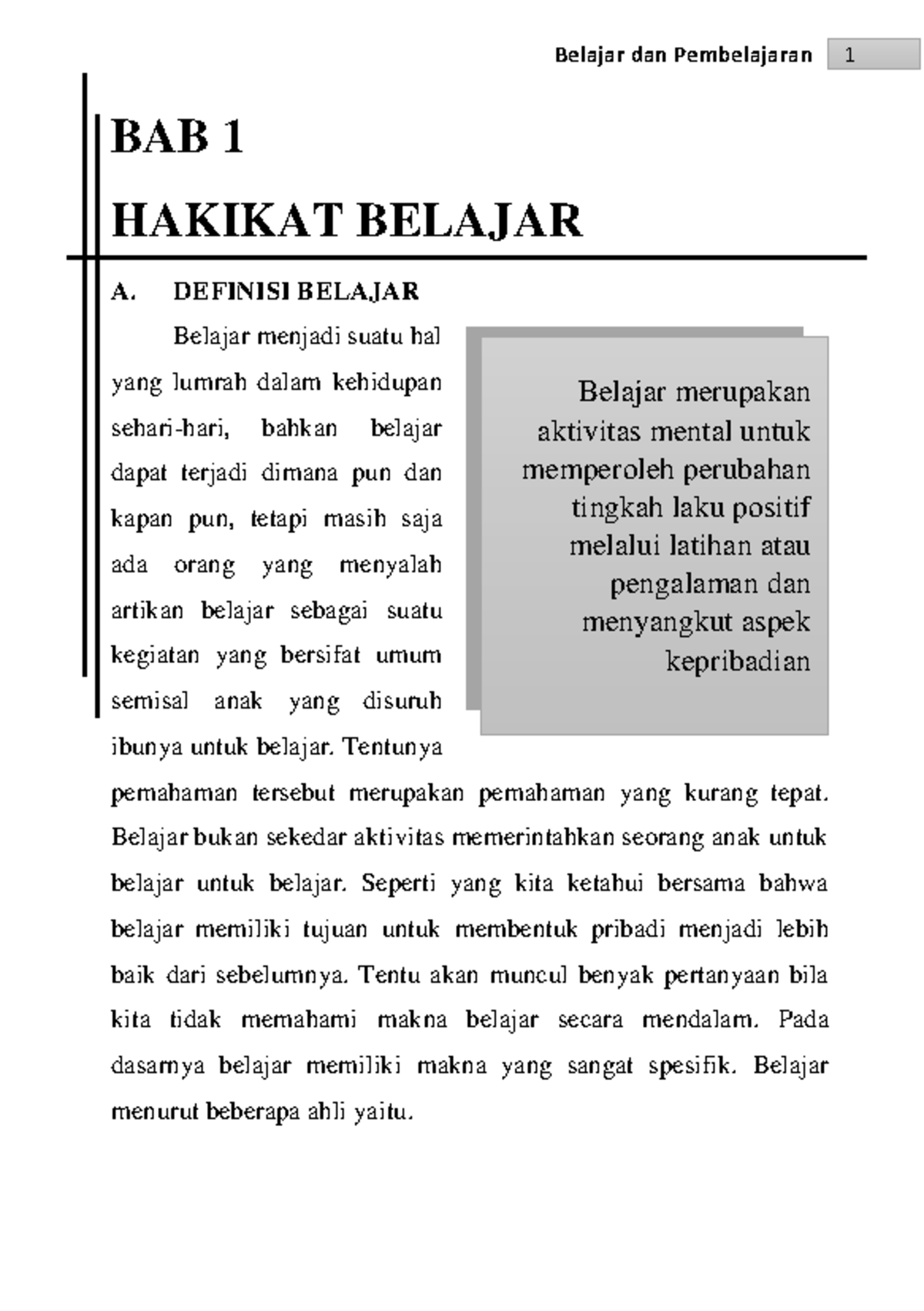 Materi BAB 1 Hakikat Belajar - BAB 1 HAKIKAT BELAJAR A. DEFINISI ...