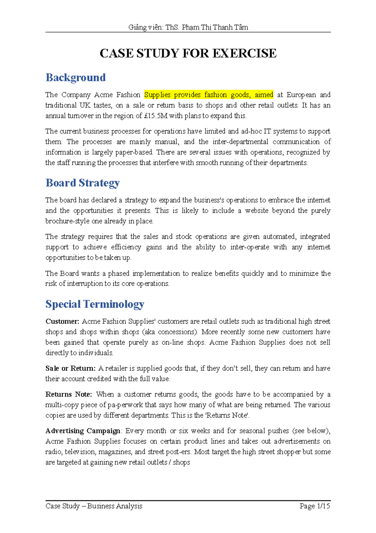 BA Case Study for Exercise - CASE STUDY FOR EXERCISE Background The ...