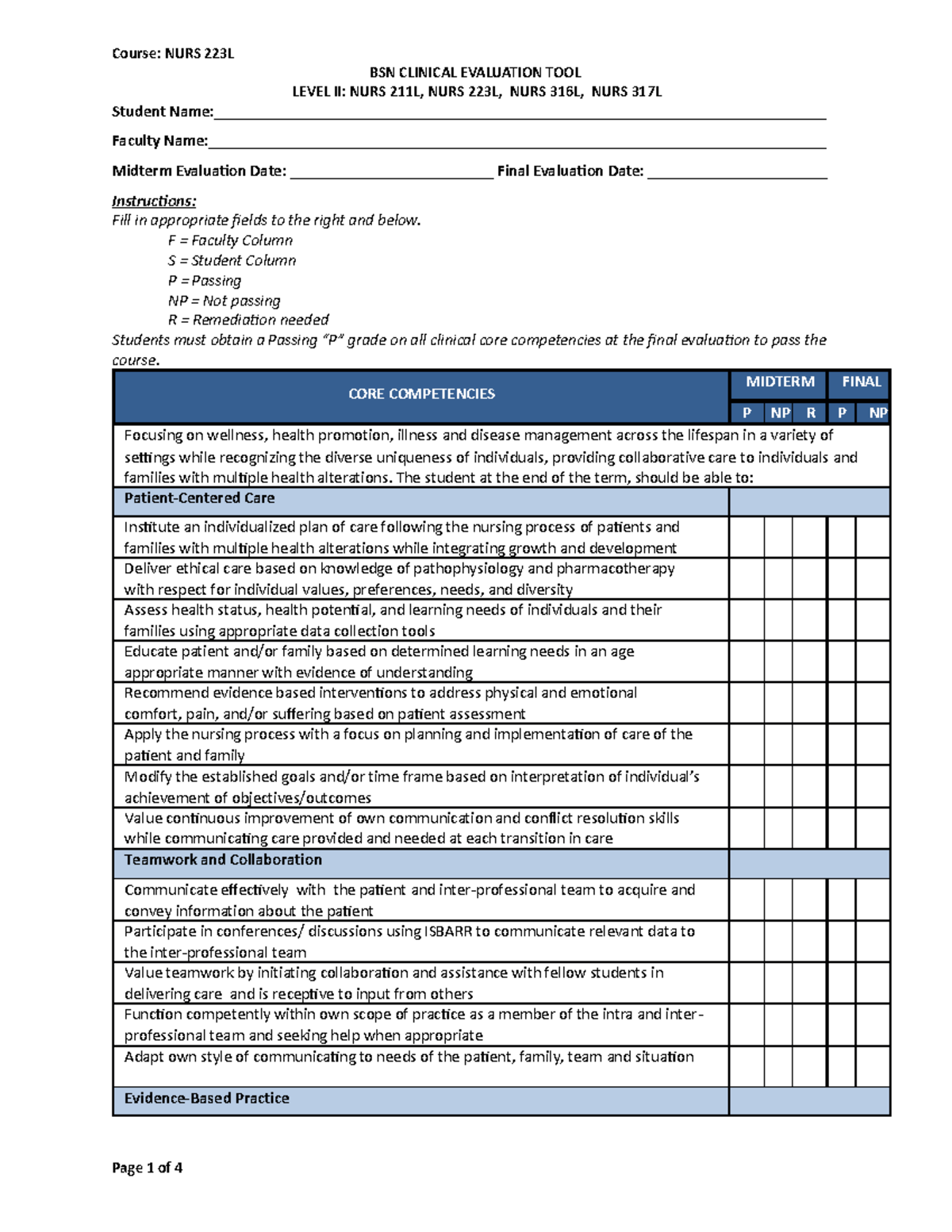 NURS 223L - BSN Clinical Evaluation Tool Level II - BSN CLINICAL ...