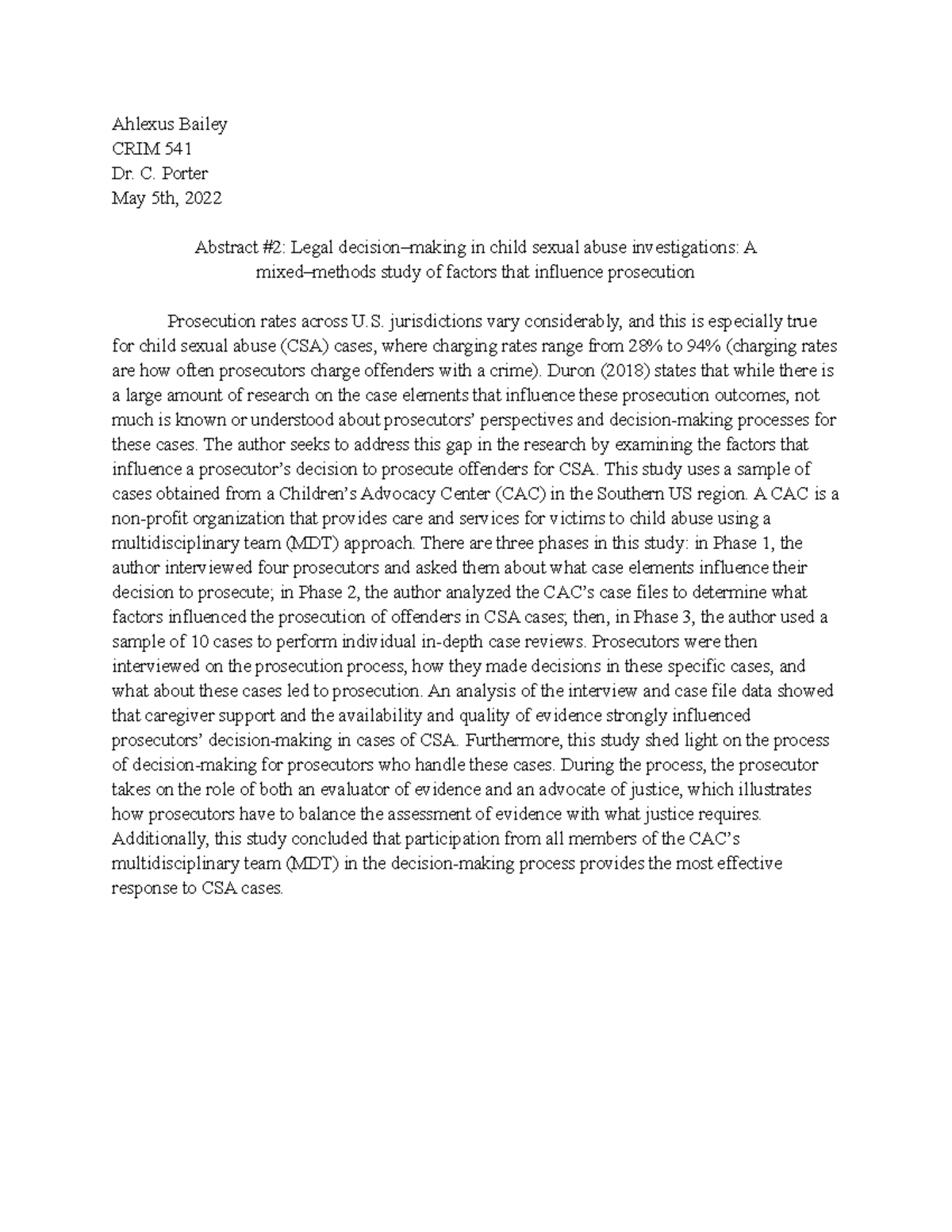 Abstract #2 - this is a criminology note - Ahlexus Bailey CRIM 541 Dr ...