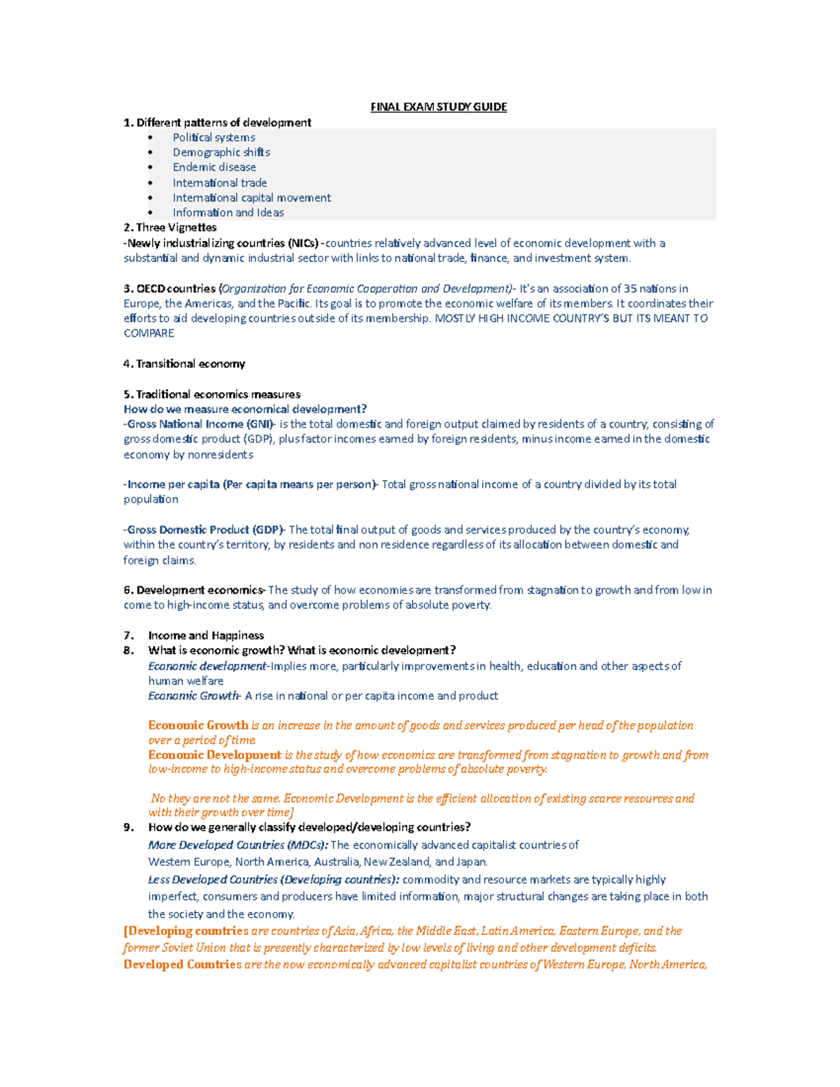Final Exam Study Guide: Economic Development and Measurement - Studocu