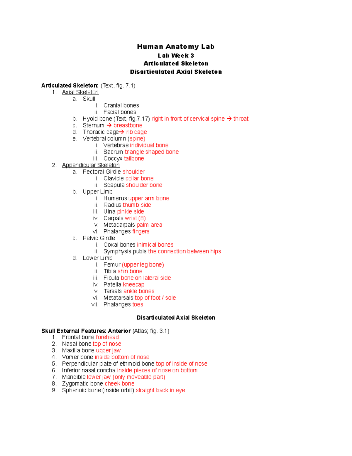 Lab 3 Outline Skeleton part 1 Updated 0821 - Human Anatomy Lab Lab Week ...