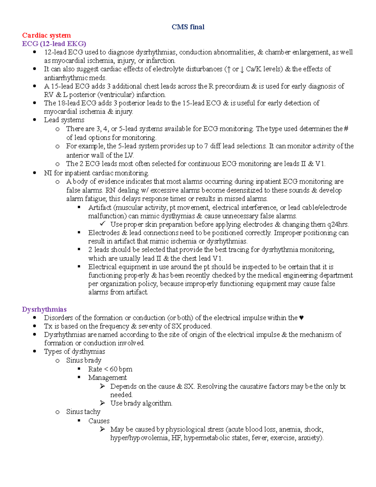 CMS final - CMS final Cardiac system ECG (12-lead EKG) 12-lead ECG used ...