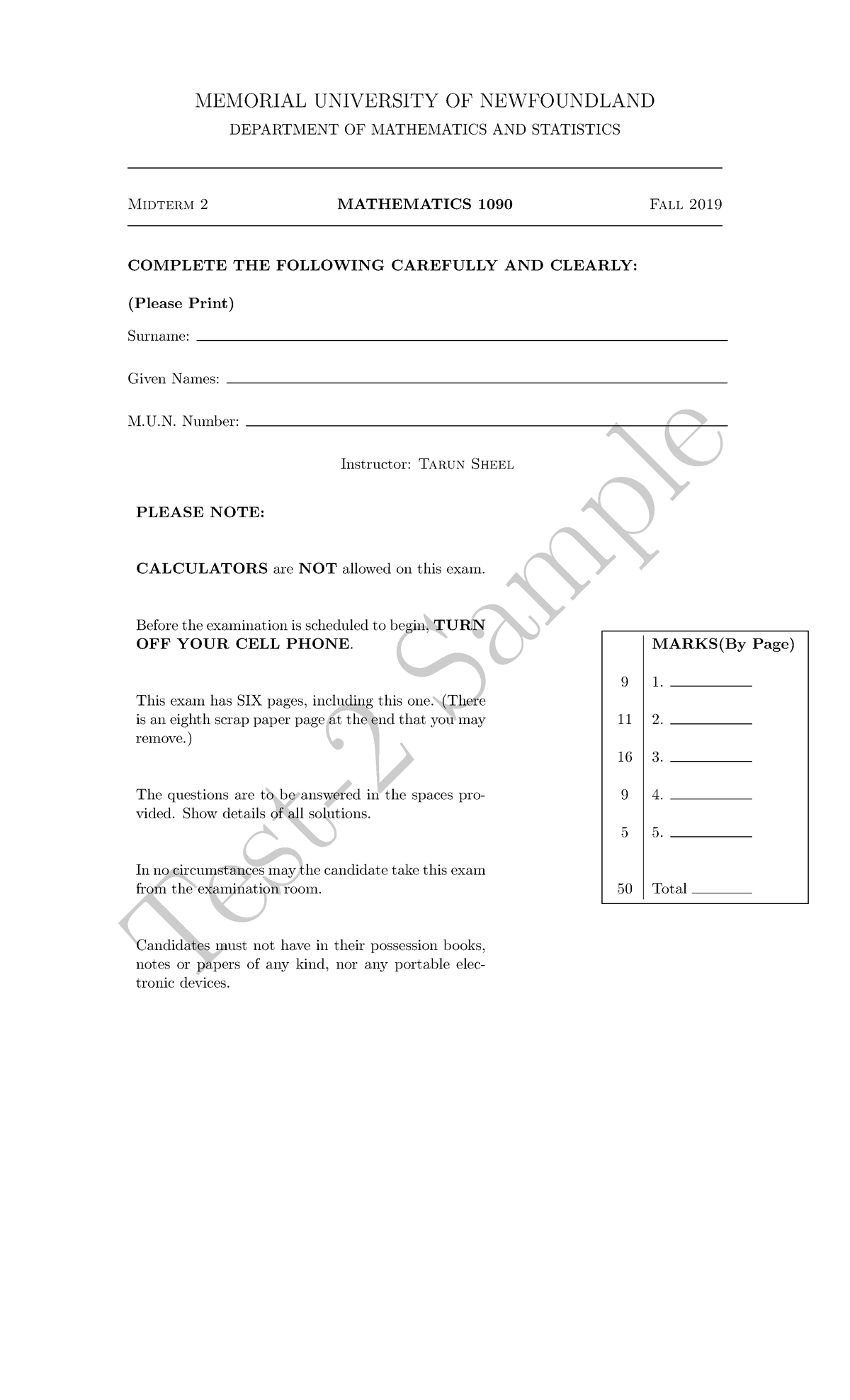 Math1090-Test2-sample - Test-2 Sample MEMORIAL UNIVERSITY OF ...