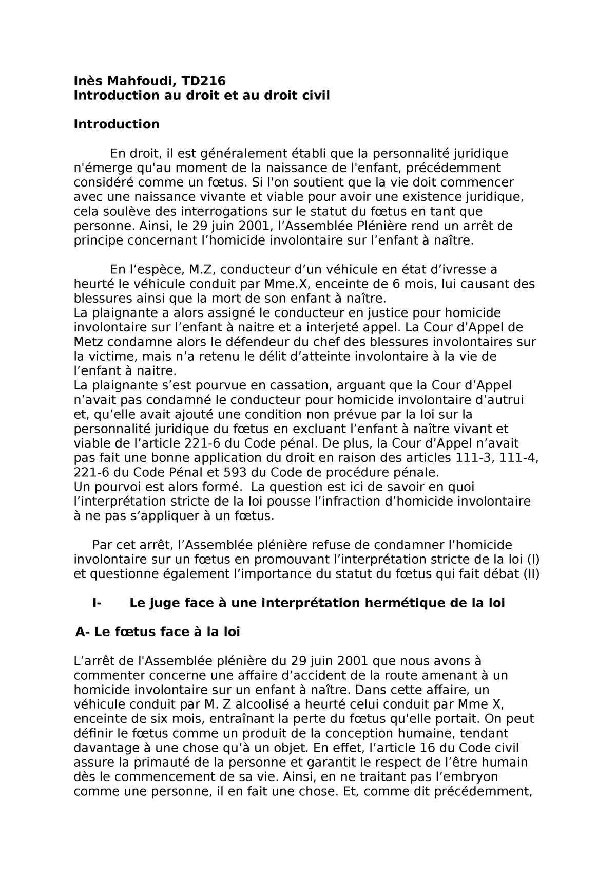 Td 1 Civil - Inès Mahfoudi, TD Introduction Au Droit Et Au Droit Civil ...