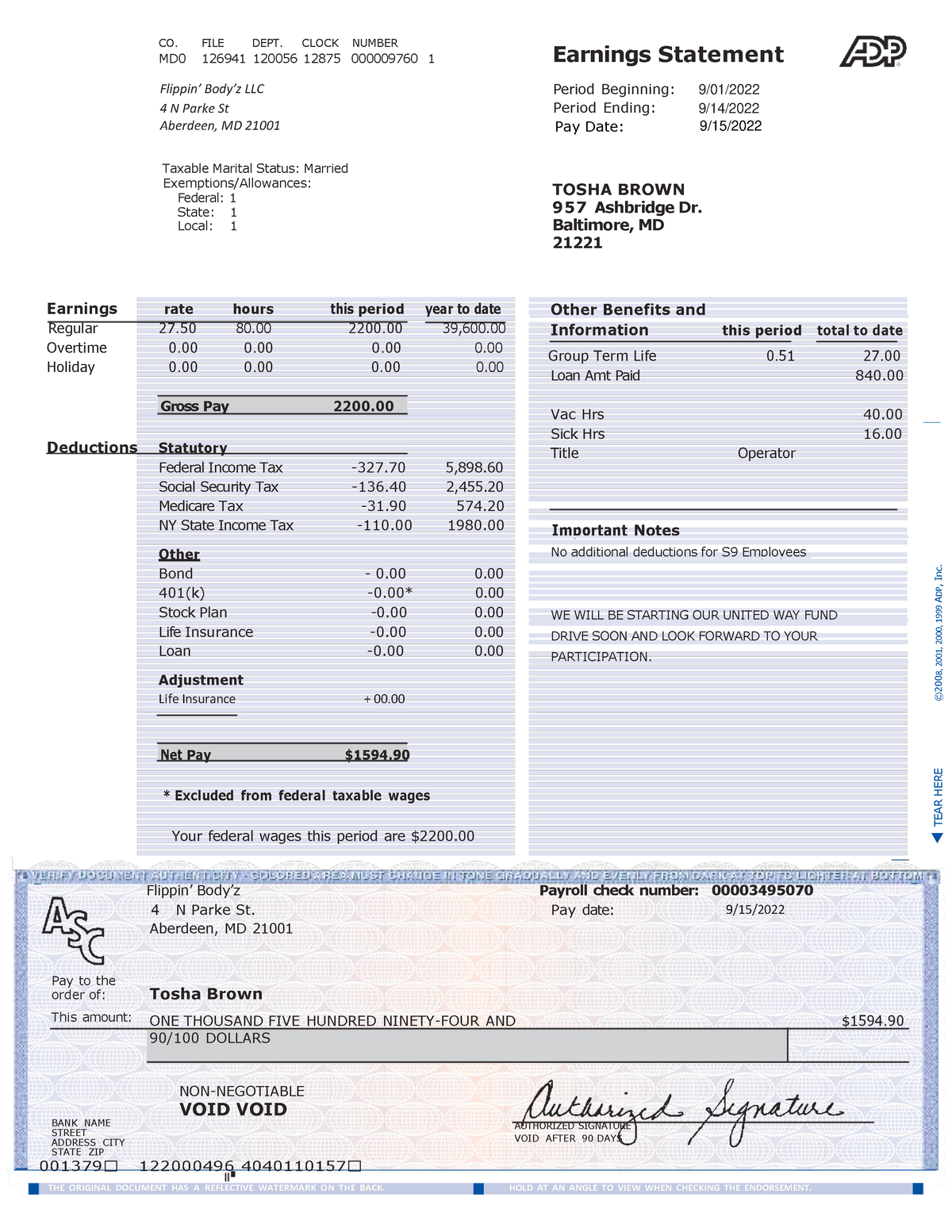 Adp - Need a copy of bank statement showing direct deposit - CO. FILE ...