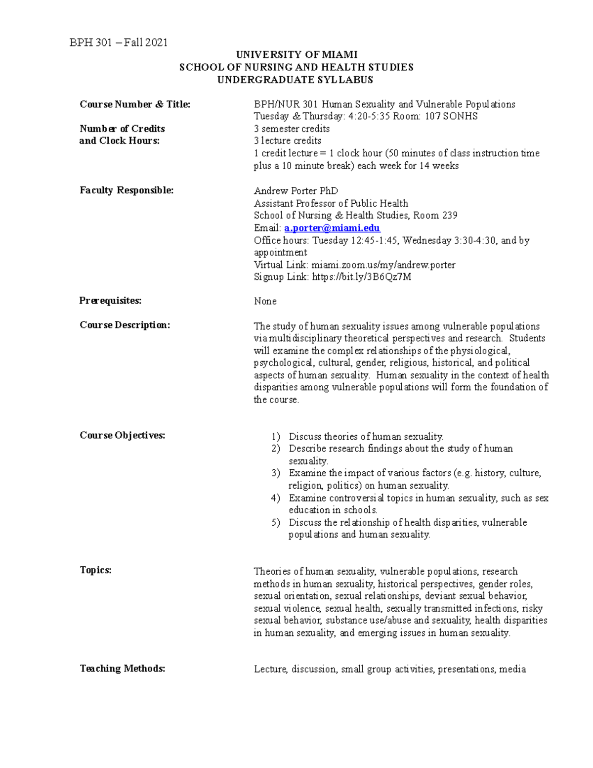 BPH301 - Fall 2021 Syllabus - Porter - UNIVERSITY OF MIAMI SCHOOL OF ...