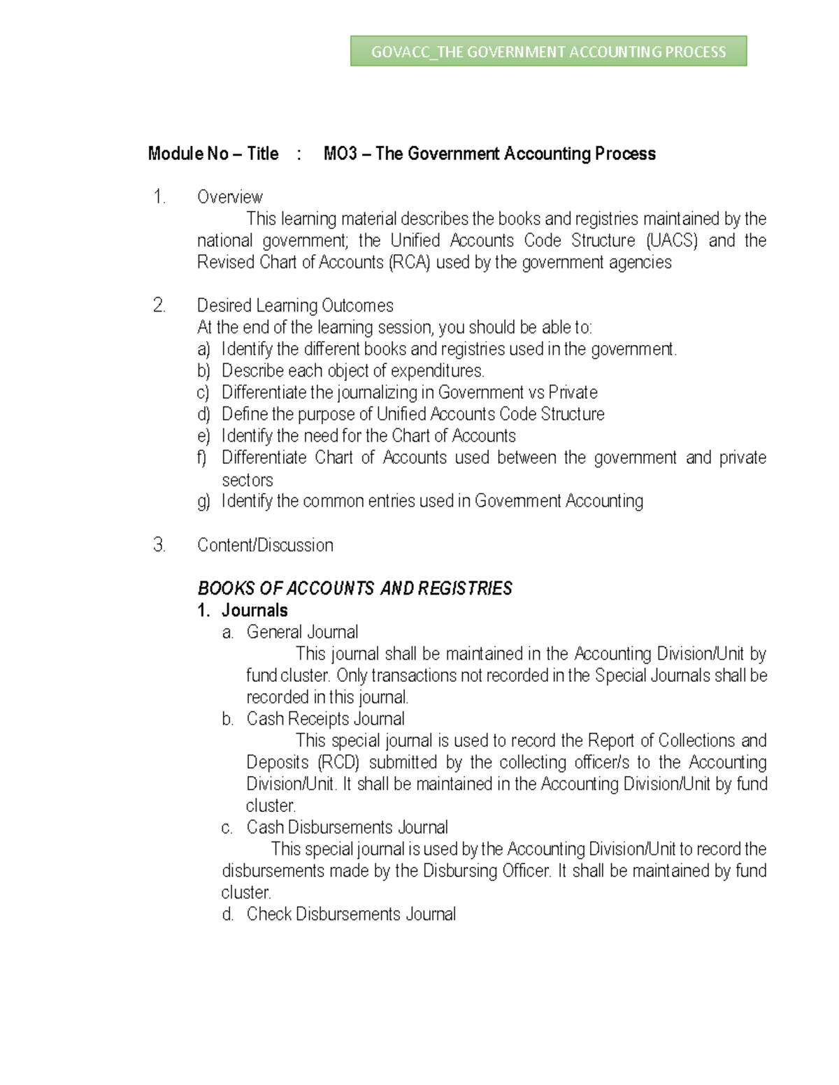 Gov Acc-HO-No - Government Accounting - Module No – Title : MO3 – The ...