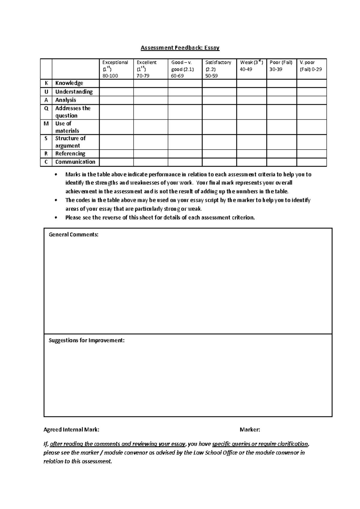 Feedback Form for Essays - Assessment Feedback: Essay Exceptional (1st ...