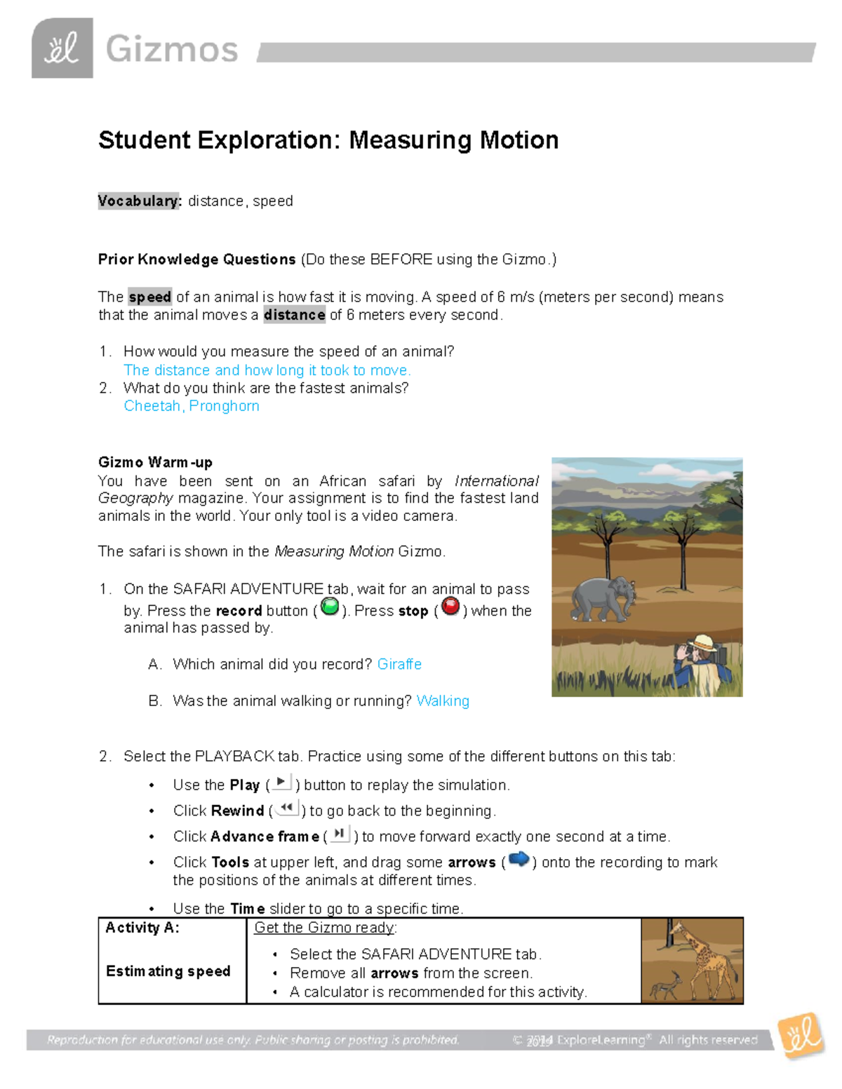Measuring Motion Gizmos 2019 Student Exploration Measuring Motion Vocabulary distance, speed