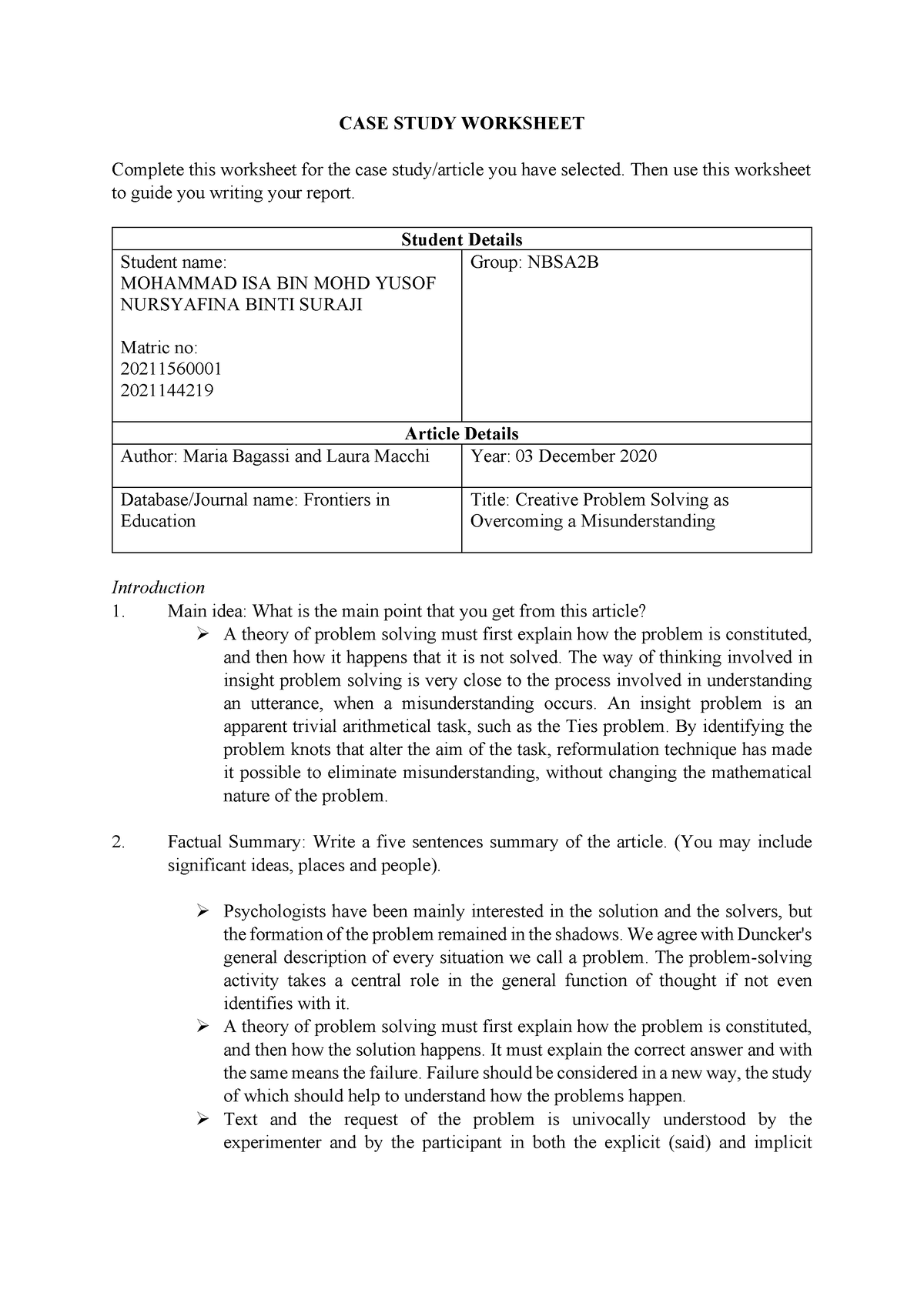 CASE Study Worksheet - CASE STUDY WORKSHEET Complete this worksheet for ...