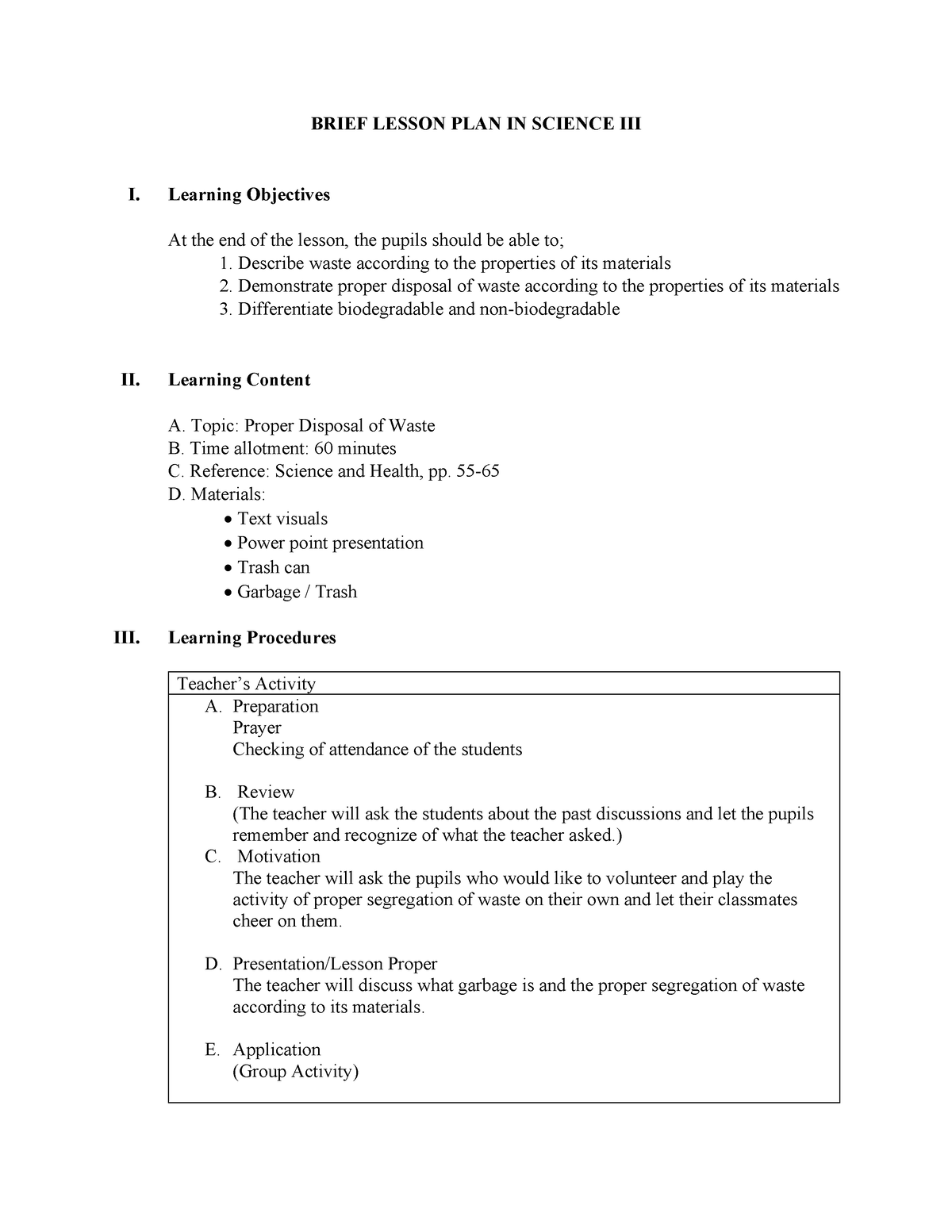 Brief Lesson Plan In Science And Health BRIEF LESSON PLAN IN SCIENCE 