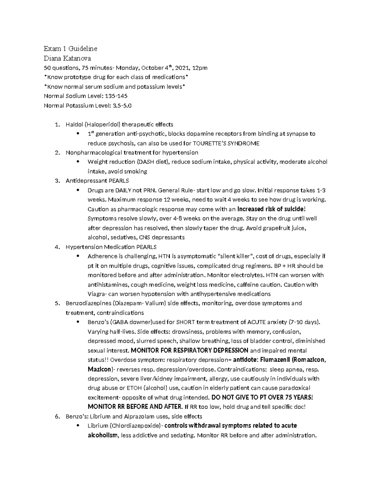 Exam 1 Study Guideline Pharm 2 - Exam 1 Guideline Diana Katanova 50 ...