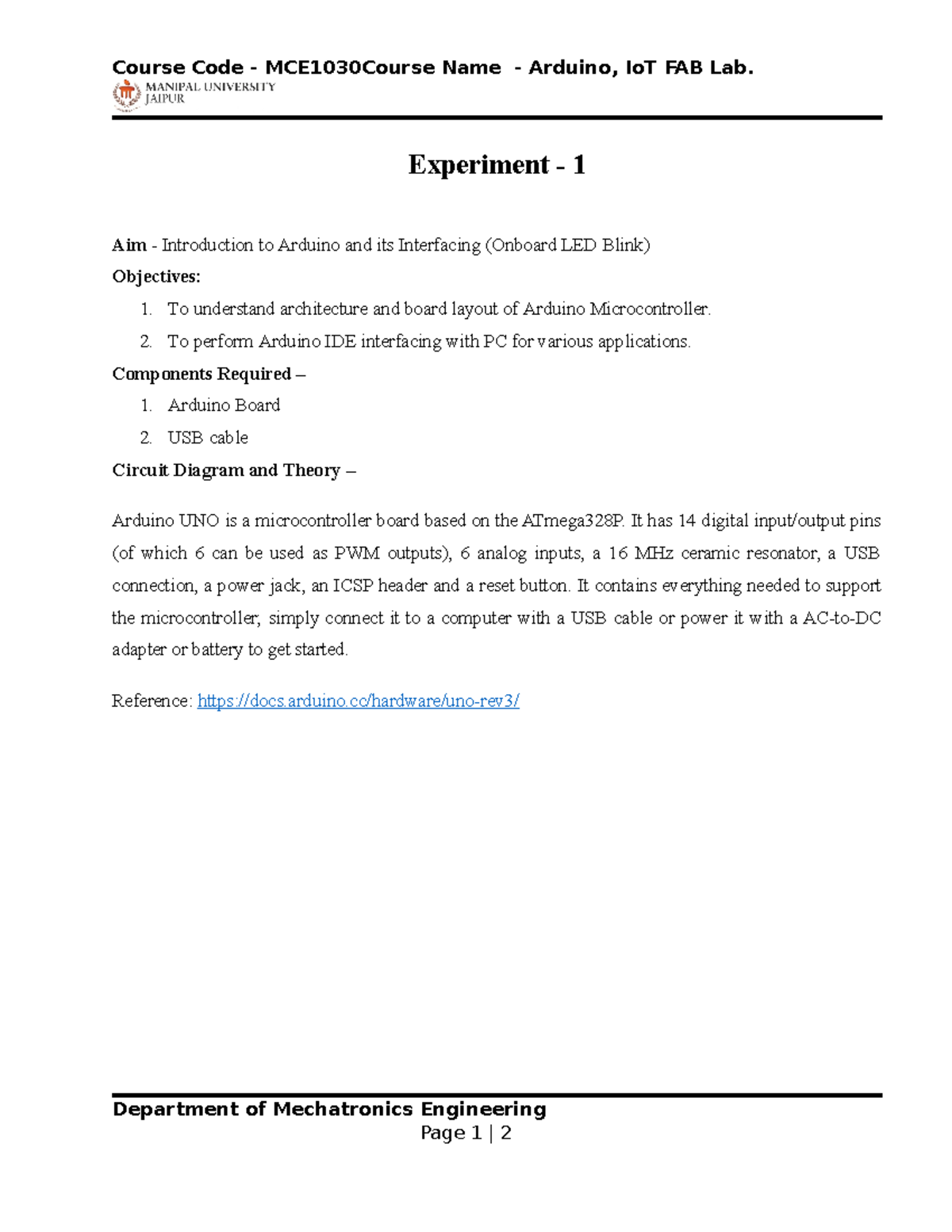 C Experiment 1 Arduino uno programming Course Code MCE1030Course