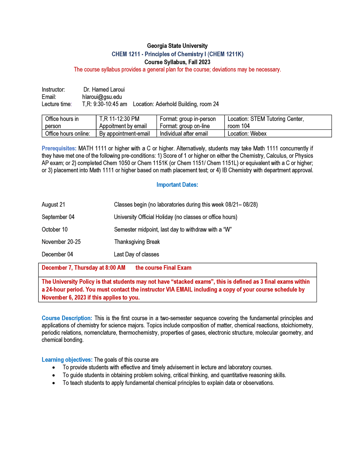 CHEM 1211 Course Syllabus Fall 2023 HL - Georgia State University CHEM 1211  - Principles of - Studocu