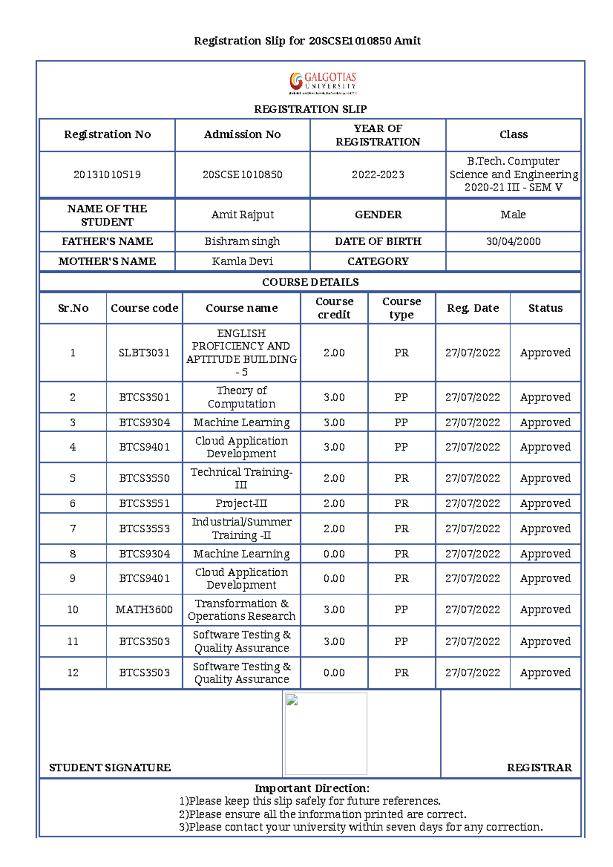 Print… - Fhhjbbnn - STUDENT SIGNATURE REGISTRAR Important Direction: 1 ...