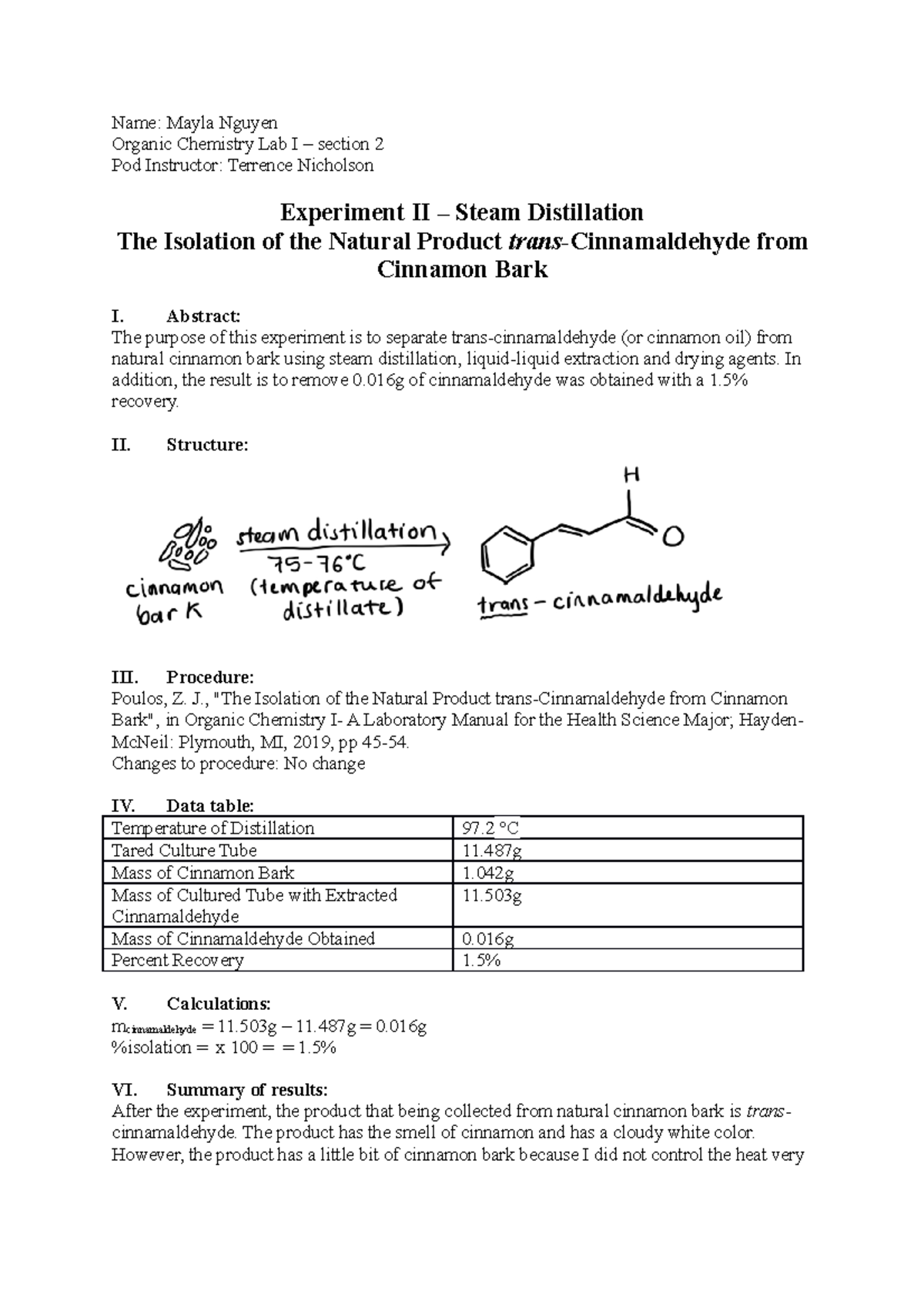 Lab Report 1 - Experiment II – Steam Distillation - The Isolation Of ...