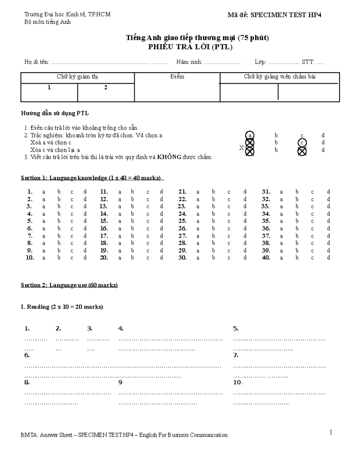 PHIẾU TRẢ LỜI Specimen TEST HP4 - Truờng Đại Học Kinh Tế, TP Bộ Môn ...