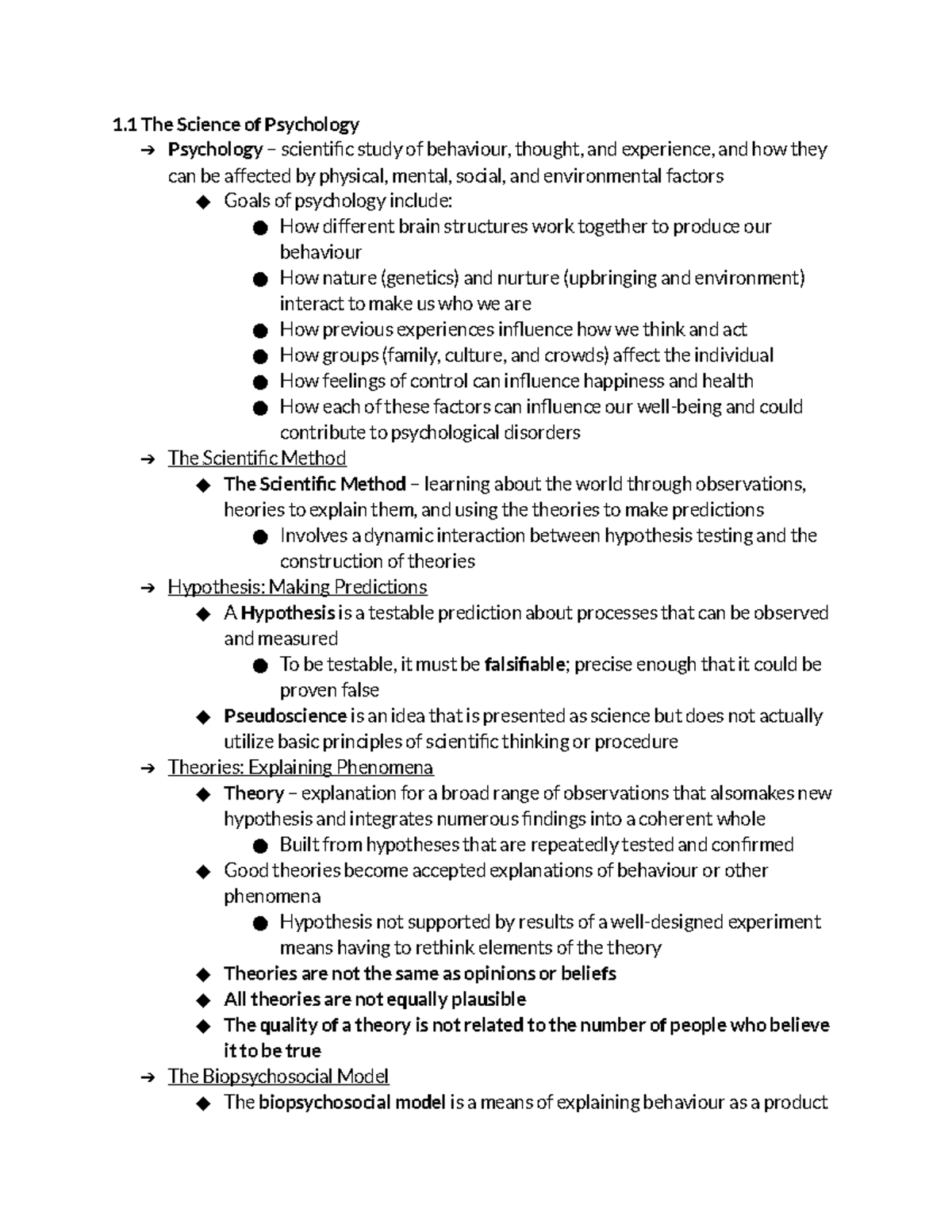 Chapter 1 Introducing Psychological Science Notes - 1 The Science of ...