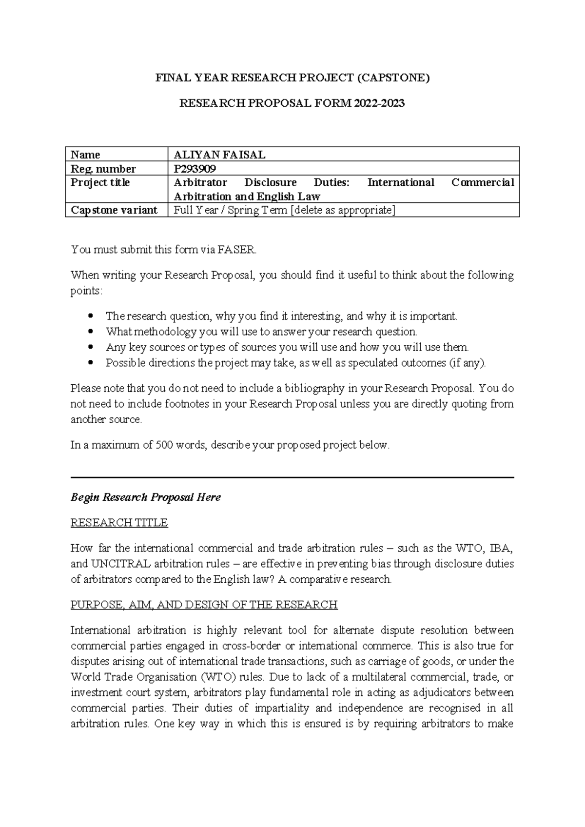 Research Proposal (P293909) - FINAL YEAR RESEARCH PROJECT (CAPSTONE ...