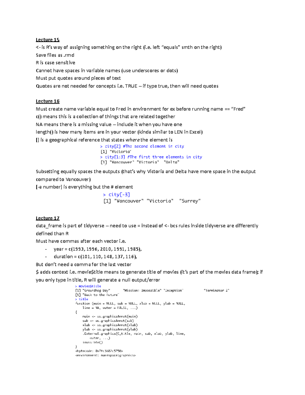 R Notes - Important Concepts and Takeaways - Lecture 15