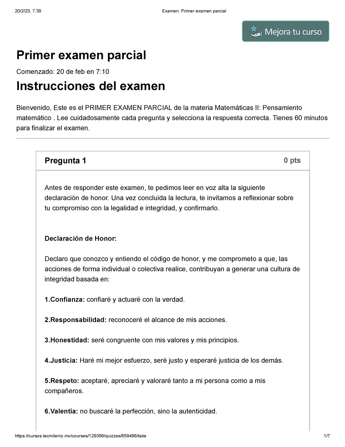 Examen Primer Examen Parcial M - Primer Examen Parcial Comenzado: 20 De ...